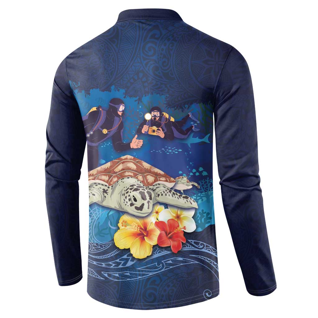 Polynesian Scuba Diving Button Sweatshirt Honu with Hibiscus and Plumeria Flower and Tapa Tribal Pattern LT03 - Polynesian Pride
