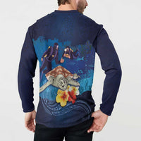 Polynesian Scuba Diving Button Sweatshirt Honu with Hibiscus and Plumeria Flower and Tapa Tribal Pattern LT03 - Polynesian Pride