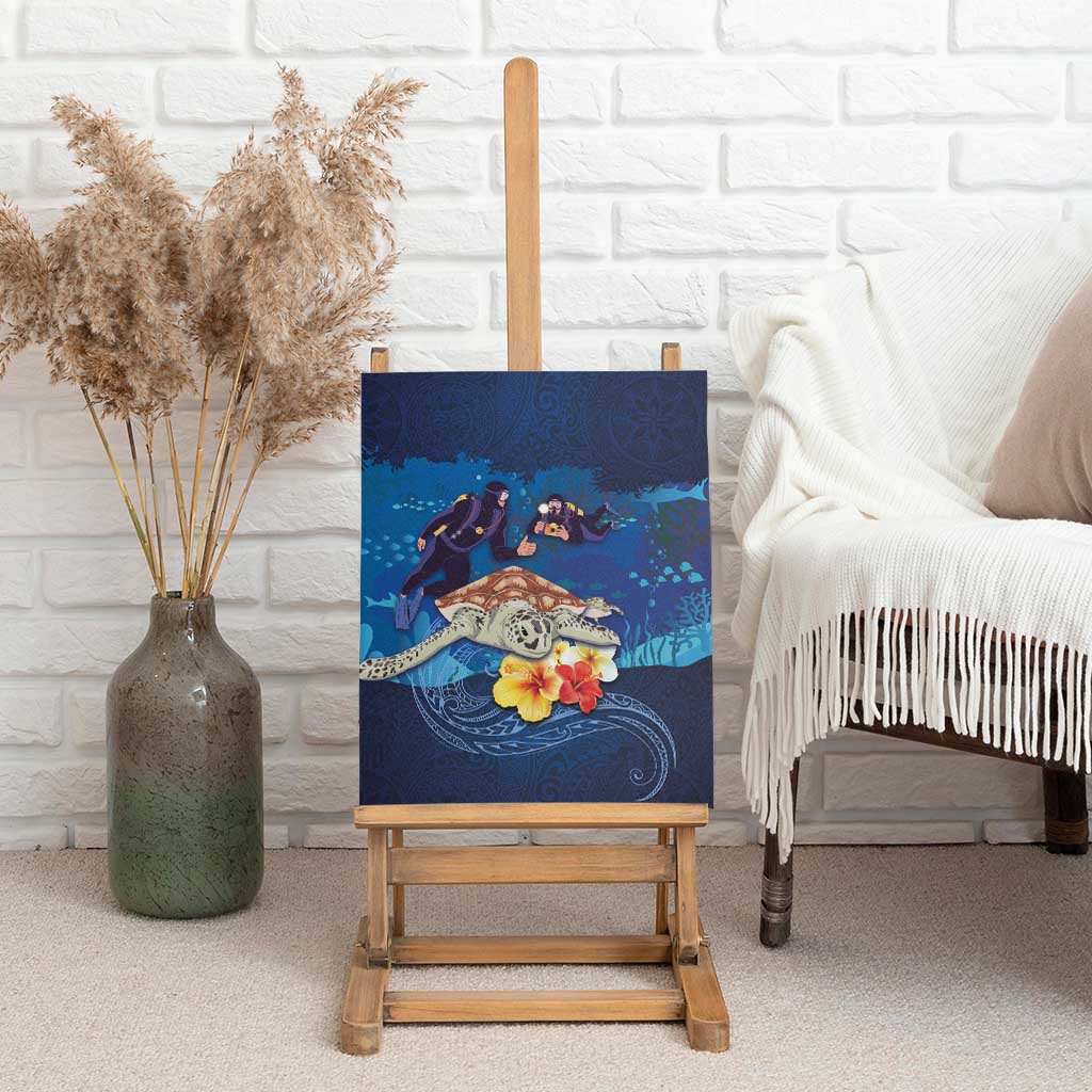 Polynesian Scuba Diving Canvas Wall Art Honu with Hibiscus and Plumeria Flower and Tapa Tribal Pattern