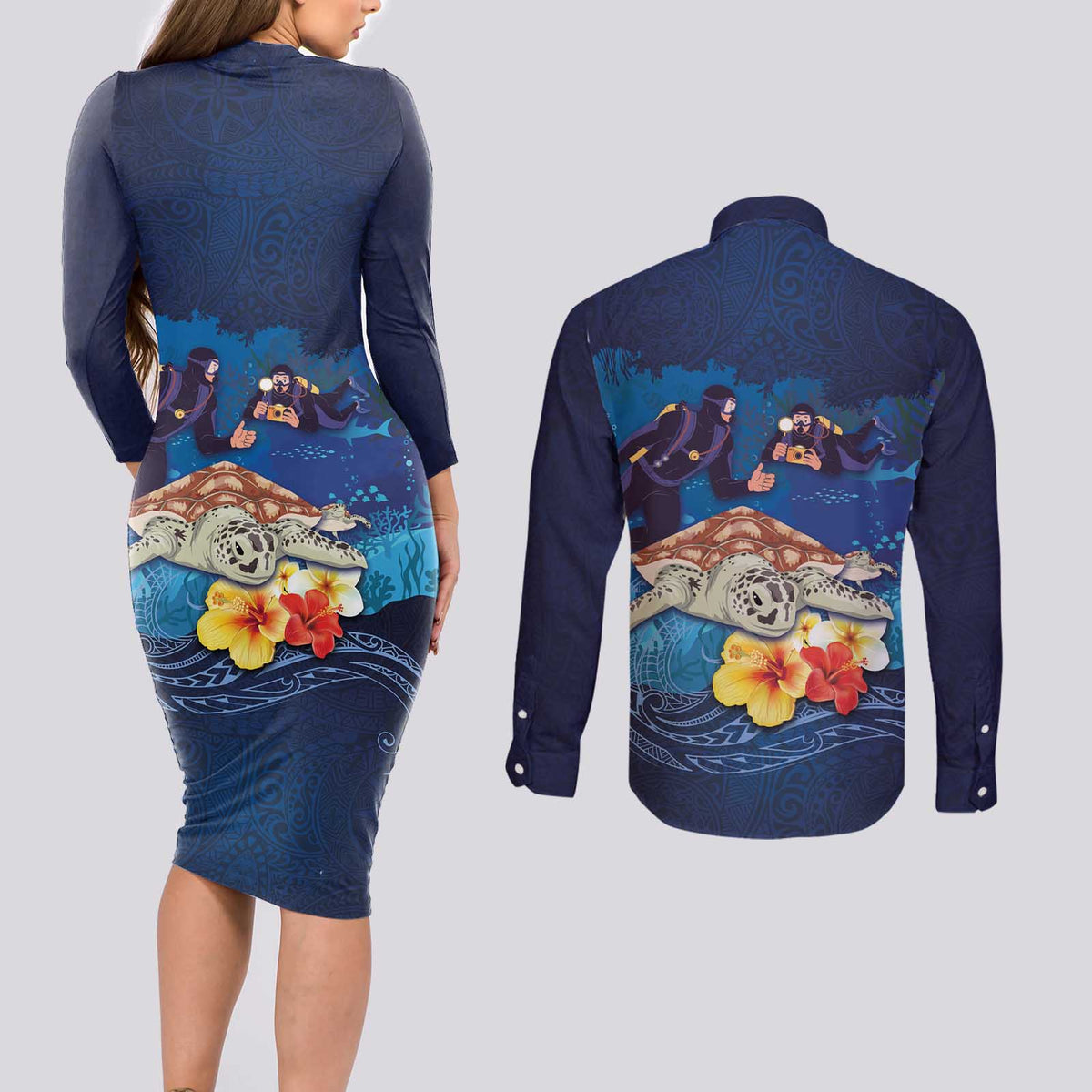 Polynesian Scuba Diving Couples Matching Long Sleeve Bodycon Dress and Long Sleeve Button Shirt Honu with Hibiscus and Plumeria Flower and Tapa Tribal Pattern