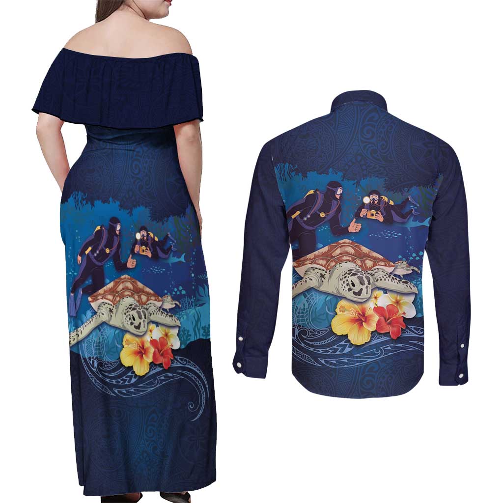 Polynesian Scuba Diving Couples Matching Off Shoulder Maxi Dress and Long Sleeve Button Shirt Honu with Hibiscus and Plumeria Flower and Tapa Tribal Pattern