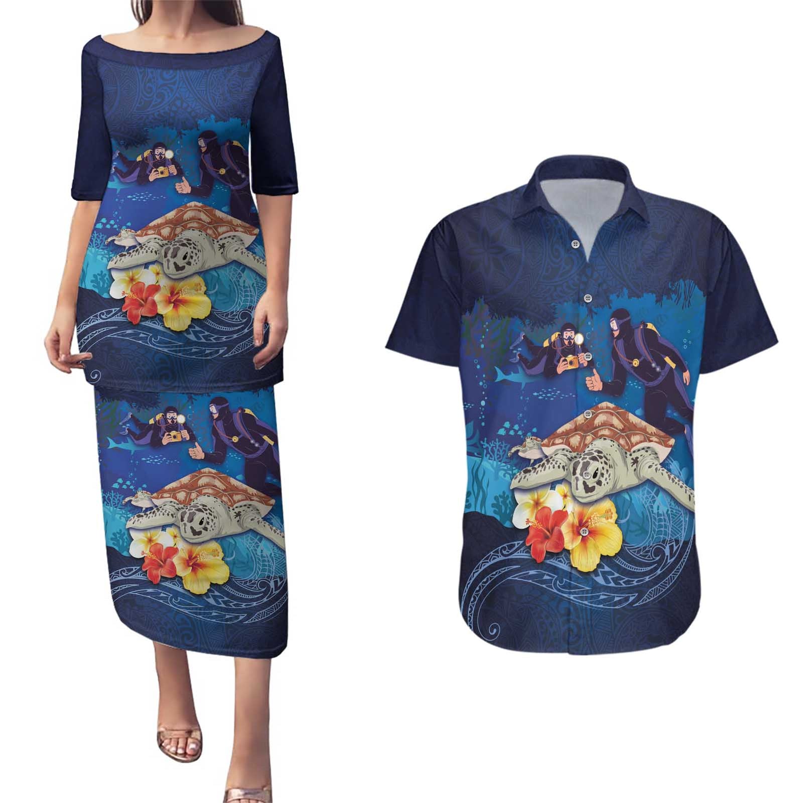 Polynesian Scuba Diving Couples Matching Puletasi and Hawaiian Shirt Honu with Hibiscus and Plumeria Flower and Tapa Tribal Pattern LT03 Blue - Polynesian Pride