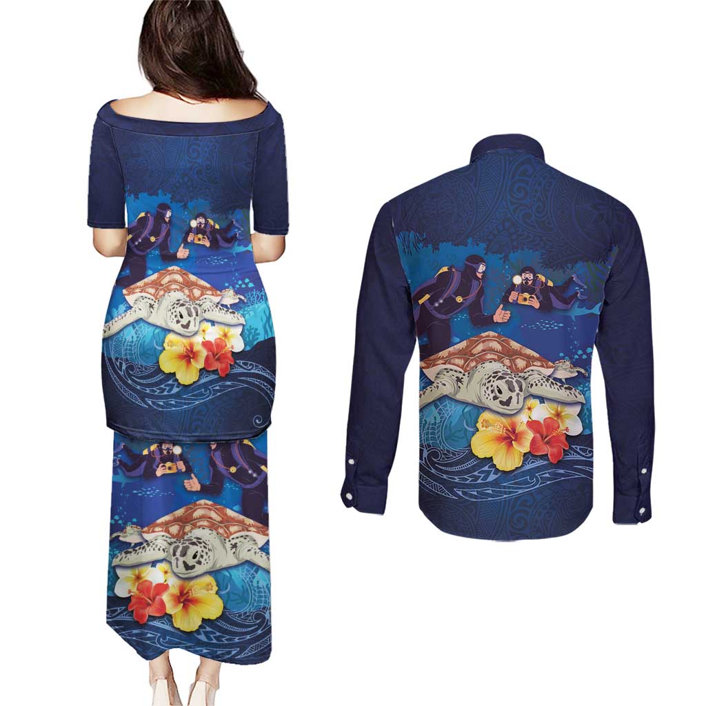 Polynesian Scuba Diving Couples Matching Puletasi and Long Sleeve Button Shirt Honu with Hibiscus and Plumeria Flower and Tapa Tribal Pattern