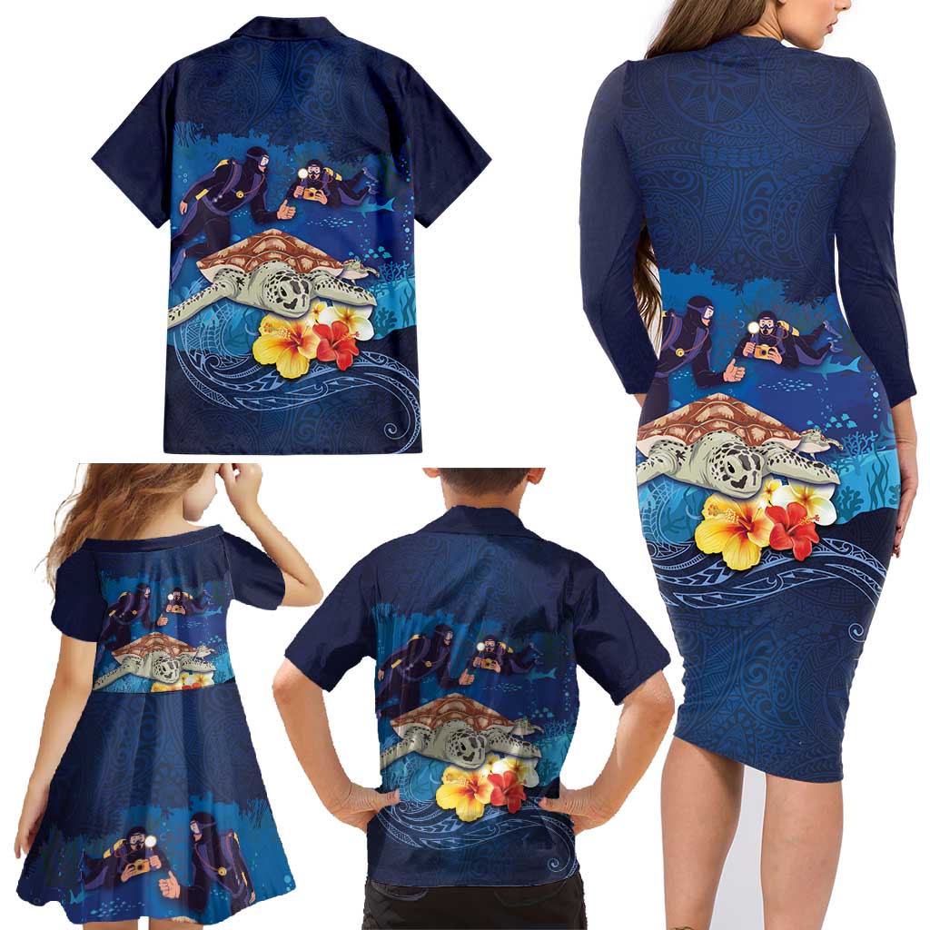 Polynesian Scuba Diving Family Matching Long Sleeve Bodycon Dress and Hawaiian Shirt Honu with Hibiscus and Plumeria Flower and Tapa Tribal Pattern