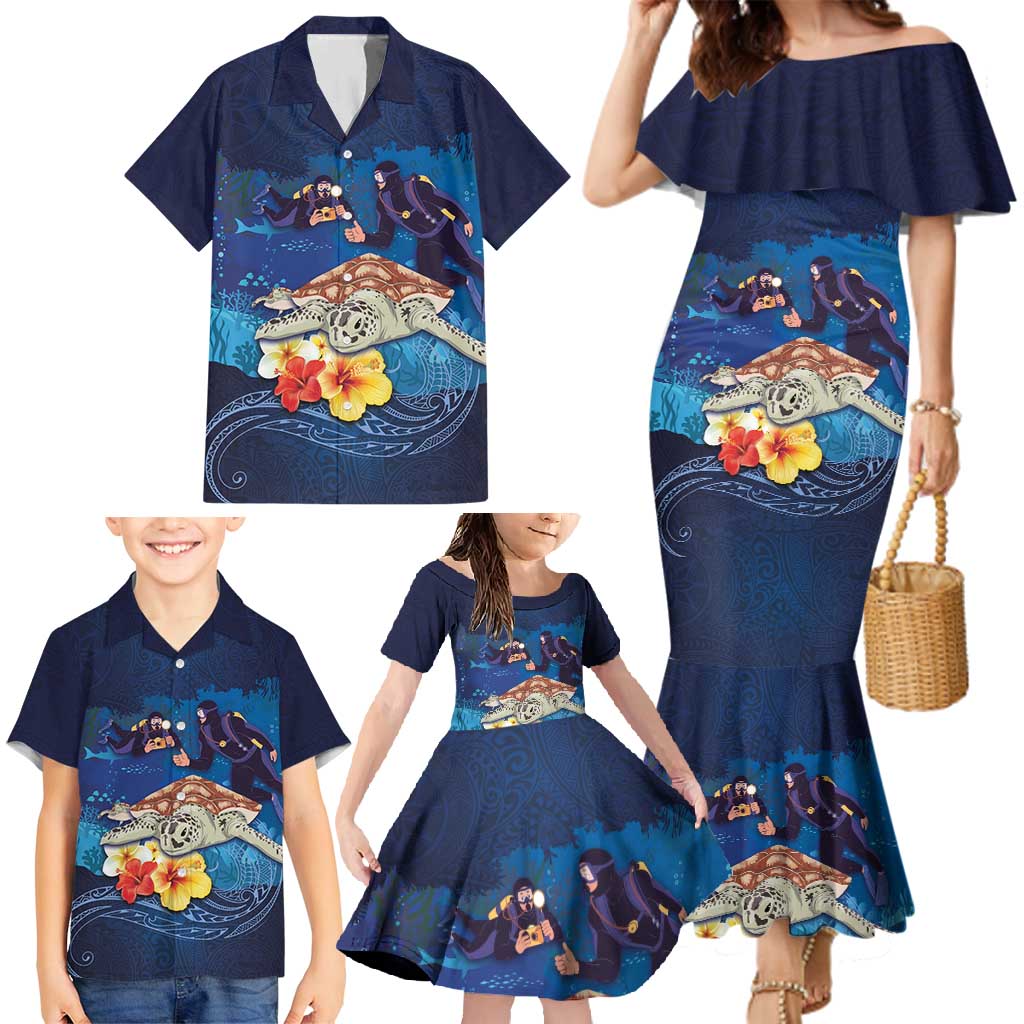 Polynesian Scuba Diving Family Matching Mermaid Dress and Hawaiian Shirt Honu with Hibiscus and Plumeria Flower and Tapa Tribal Pattern LT03 - Polynesian Pride