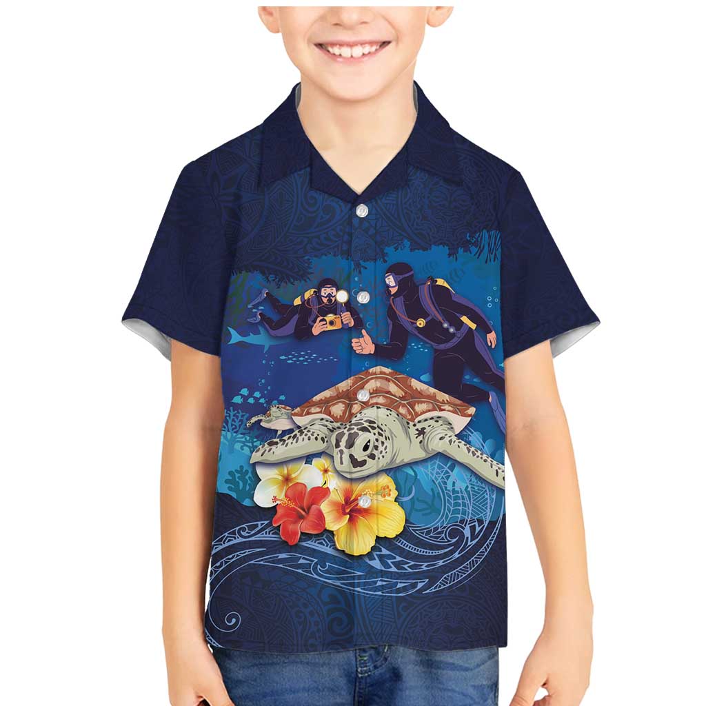 Polynesian Scuba Diving Family Matching Mermaid Dress and Hawaiian Shirt Honu with Hibiscus and Plumeria Flower and Tapa Tribal Pattern