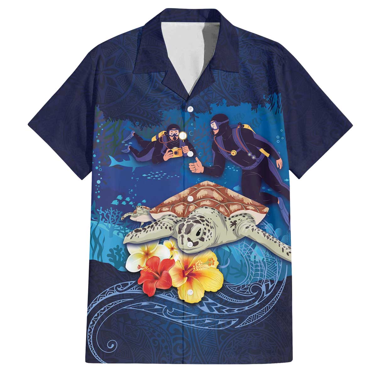 Polynesian Scuba Diving Family Matching Puletasi and Hawaiian Shirt Honu with Hibiscus and Plumeria Flower and Tapa Tribal Pattern