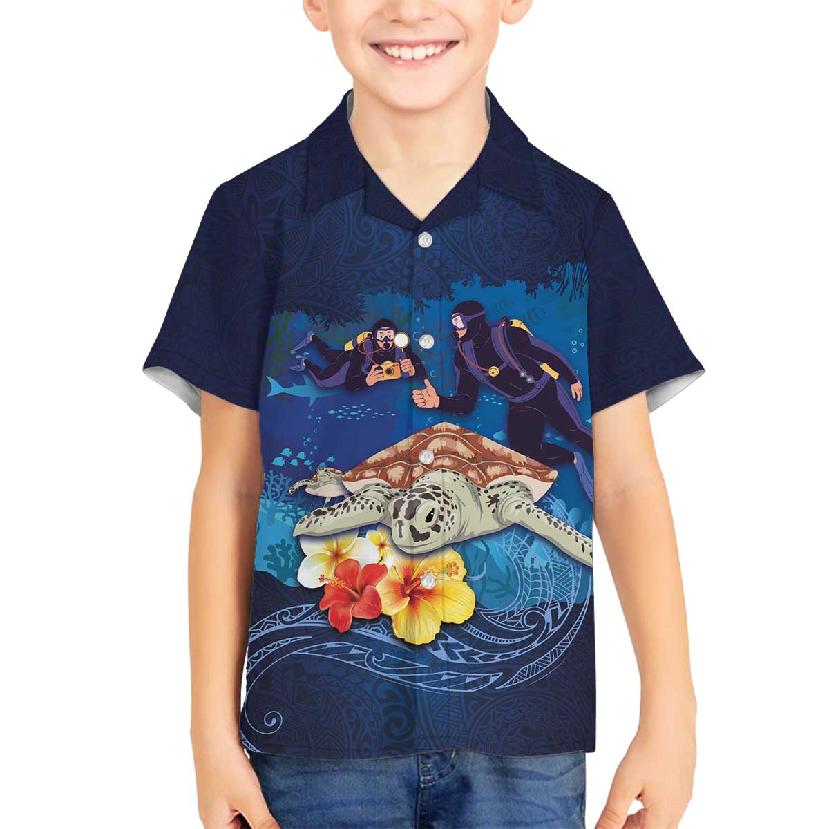 Polynesian Scuba Diving Family Matching Puletasi and Hawaiian Shirt Honu with Hibiscus and Plumeria Flower and Tapa Tribal Pattern