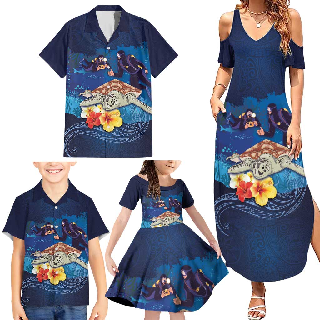 Polynesian Scuba Diving Family Matching Summer Maxi Dress and Hawaiian Shirt Honu with Hibiscus and Plumeria Flower and Tapa Tribal Pattern LT03 - Polynesian Pride