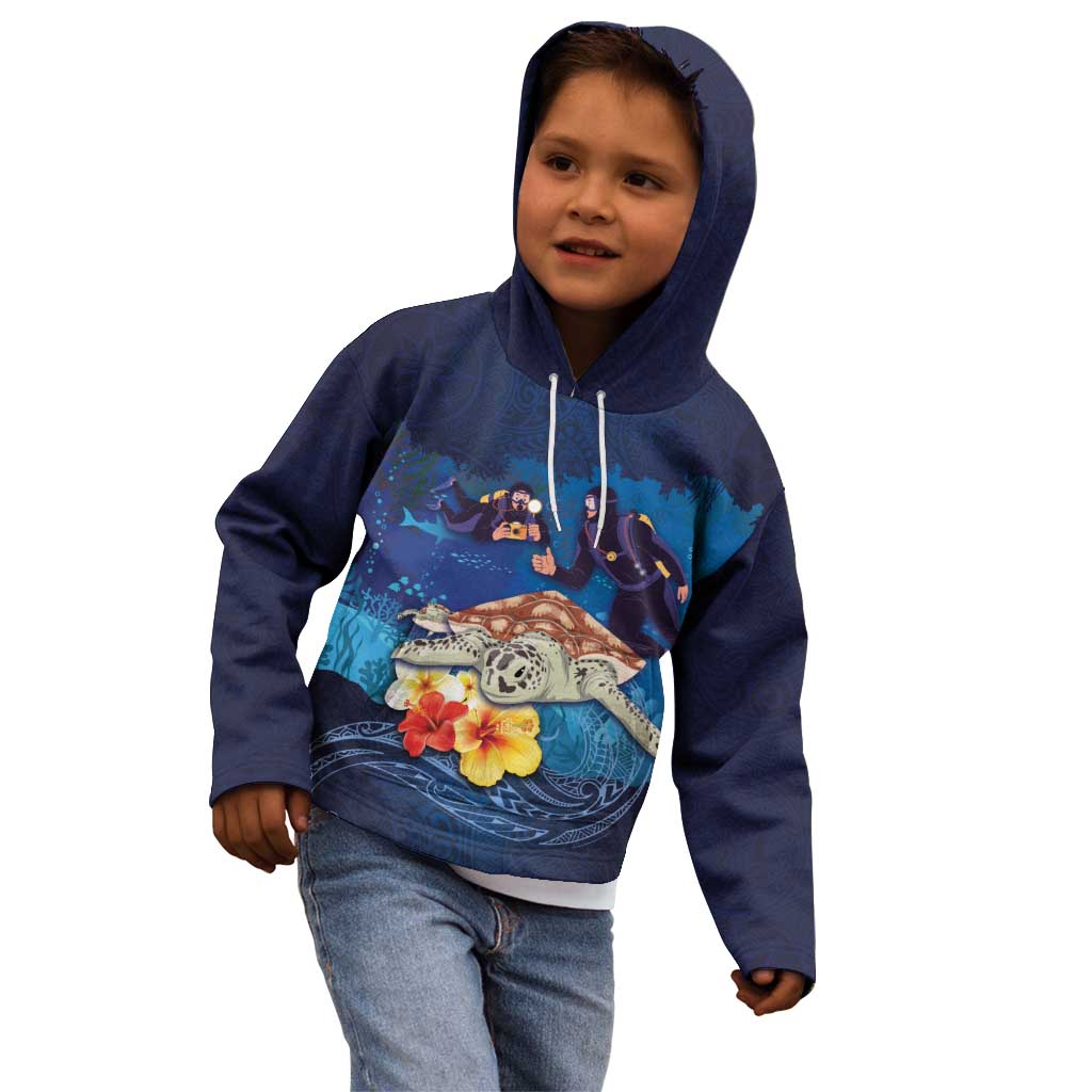 Polynesian Scuba Diving Kid Hoodie Honu with Hibiscus and Plumeria Flower and Tapa Tribal Pattern