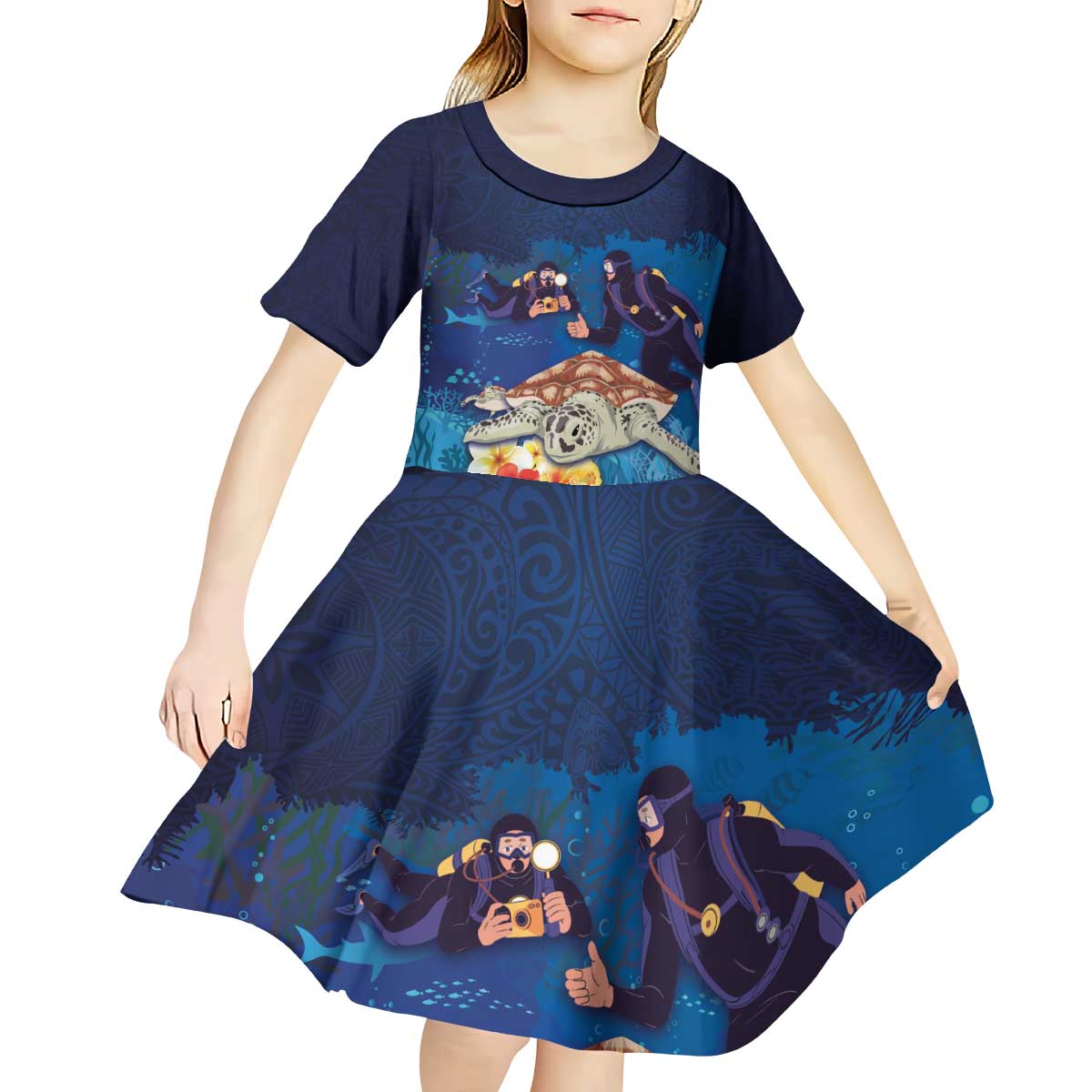 Polynesian Scuba Diving Kid Short Sleeve Dress Honu with Hibiscus and Plumeria Flower and Tapa Tribal Pattern
