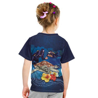 Polynesian Scuba Diving Kid T Shirt Honu with Hibiscus and Plumeria Flower and Tapa Tribal Pattern