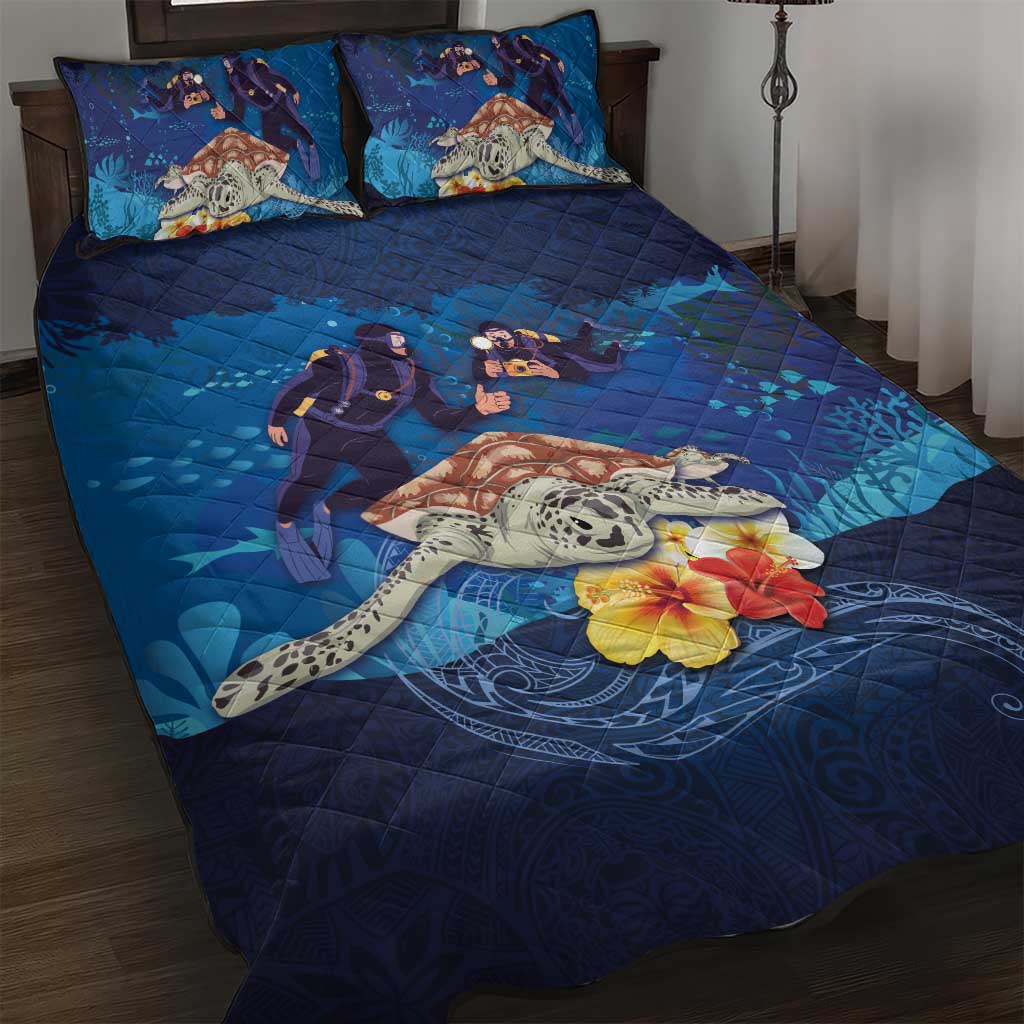 Polynesian Scuba Diving Quilt Bed Set Honu with Hibiscus and Plumeria Flower and Tapa Tribal Pattern LT03 Blue - Polynesian Pride