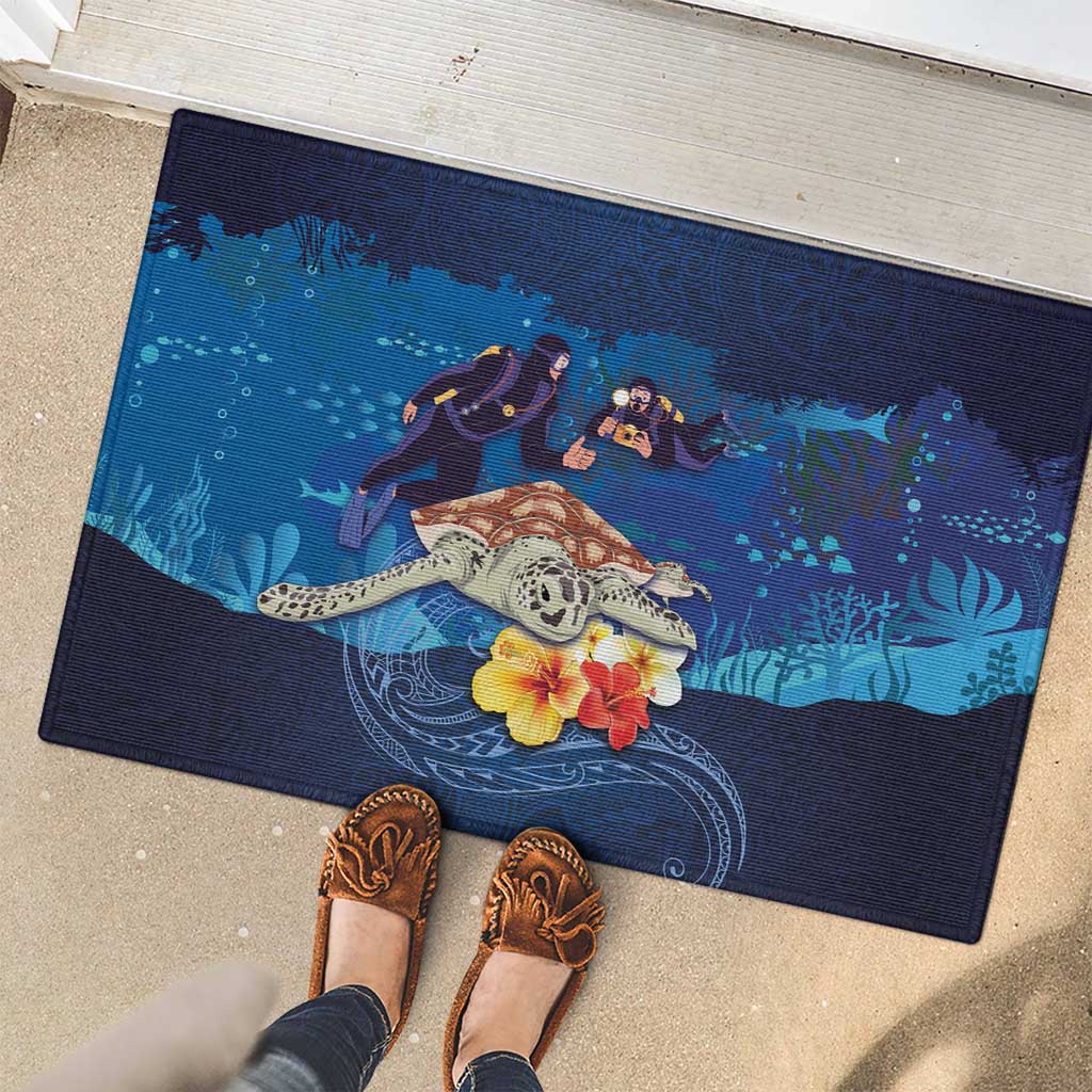 Polynesian Scuba Diving Rubber Doormat Honu with Hibiscus and Plumeria Flower and Tapa Tribal Pattern LT03 - Polynesian Pride