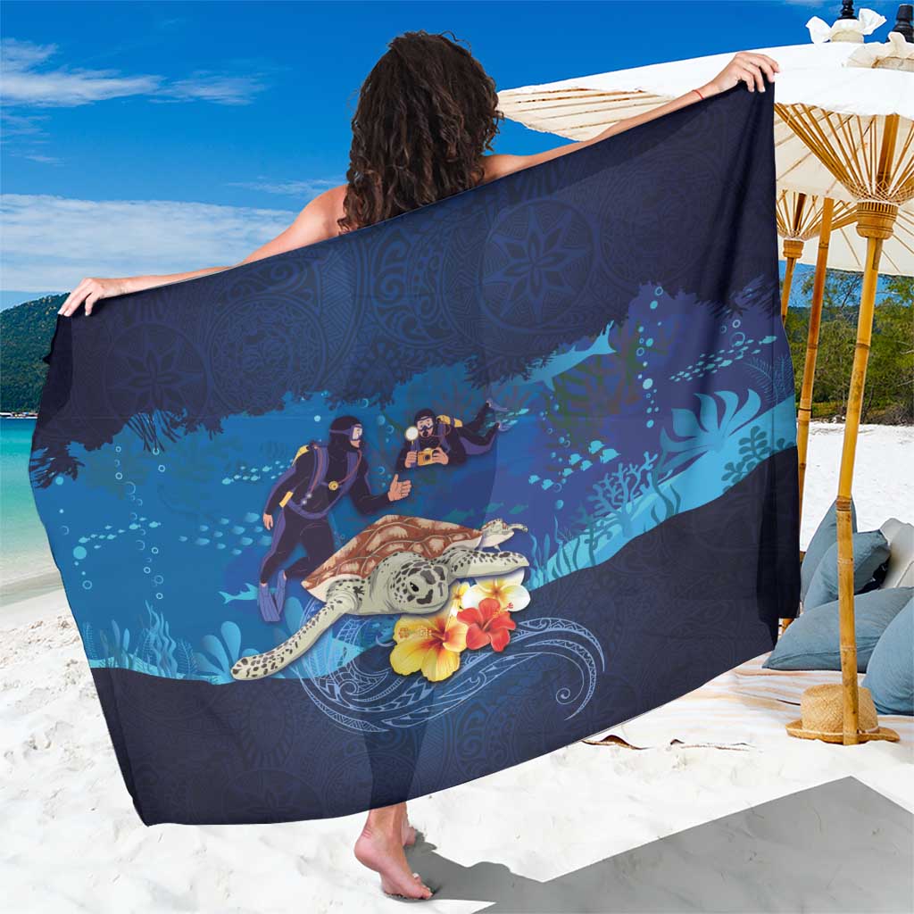 Polynesian Scuba Diving Sarong Honu with Hibiscus and Plumeria Flower and Tapa Tribal Pattern LT03 One Size 44 x 66 inches Blue - Polynesian Pride