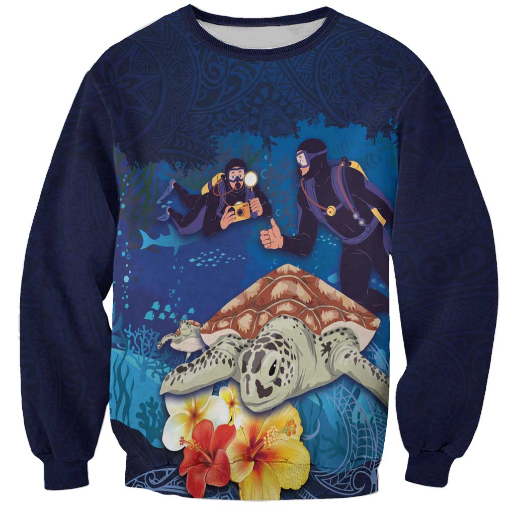 Polynesian Scuba Diving Sweatshirt Honu with Hibiscus and Plumeria Flower and Tapa Tribal Pattern