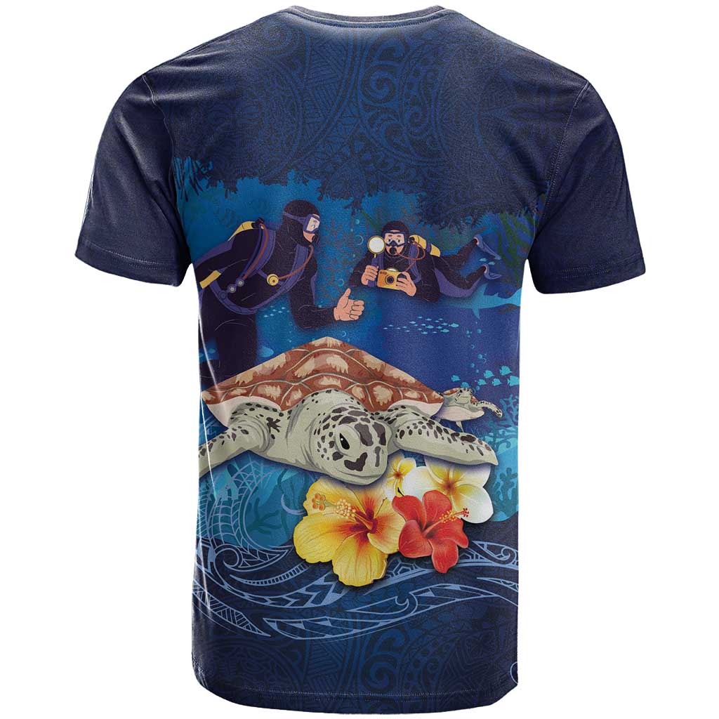 Polynesian Scuba Diving T Shirt Honu with Hibiscus and Plumeria Flower and Tapa Tribal Pattern