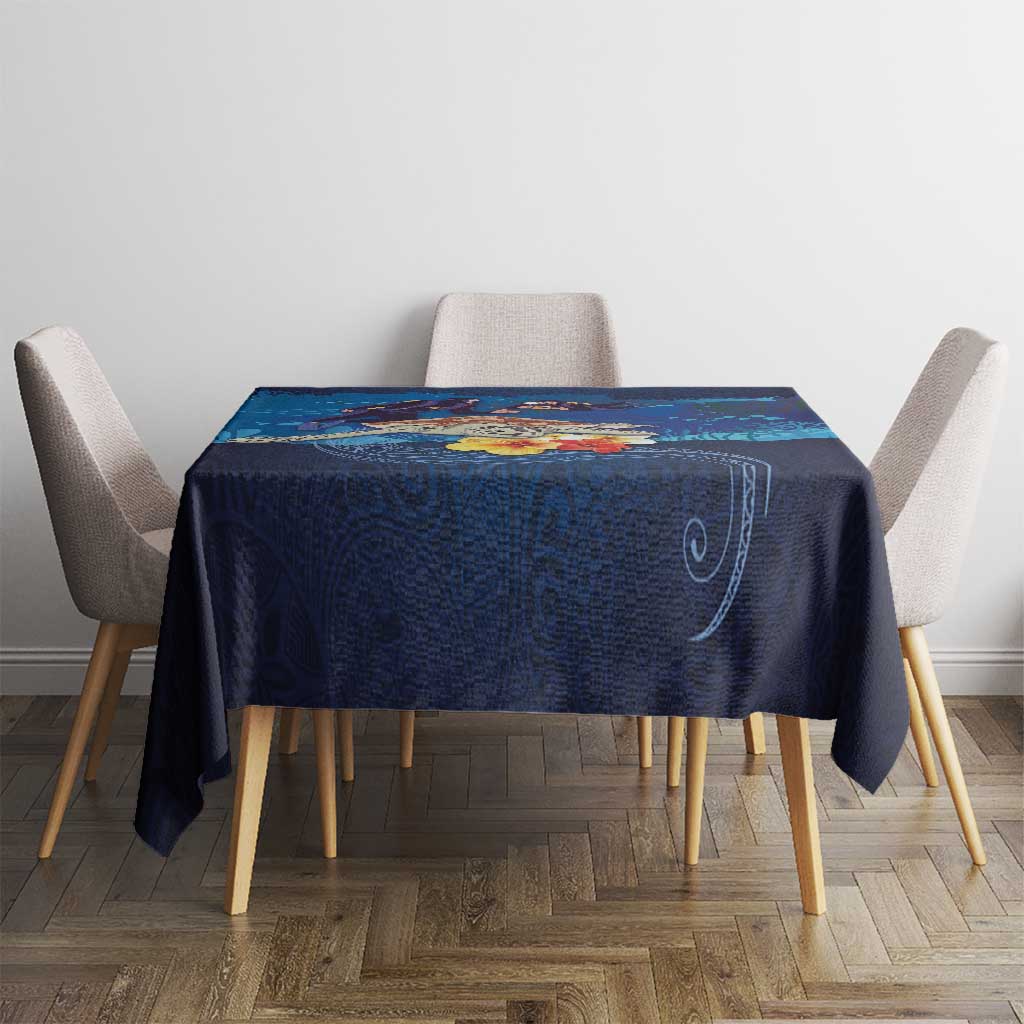 Polynesian Scuba Diving Tablecloth Honu with Hibiscus and Plumeria Flower and Tapa Tribal Pattern