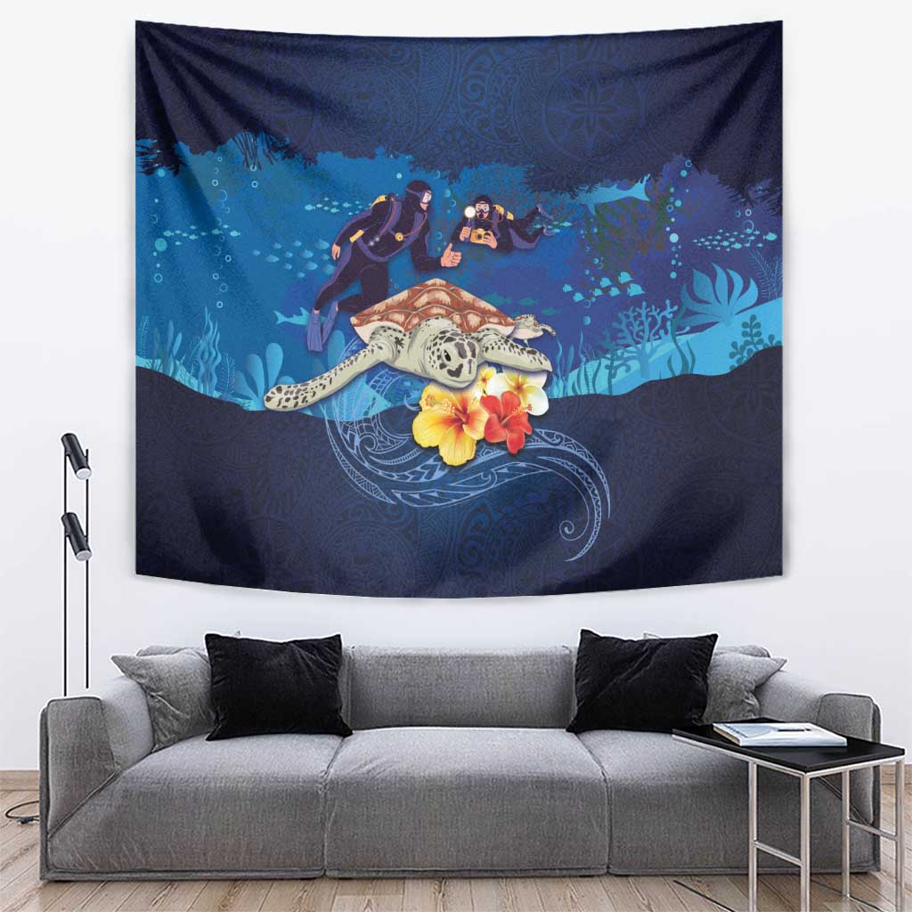 Polynesian Scuba Diving Tapestry Honu with Hibiscus and Plumeria Flower and Tapa Tribal Pattern LT03 Blue - Polynesian Pride