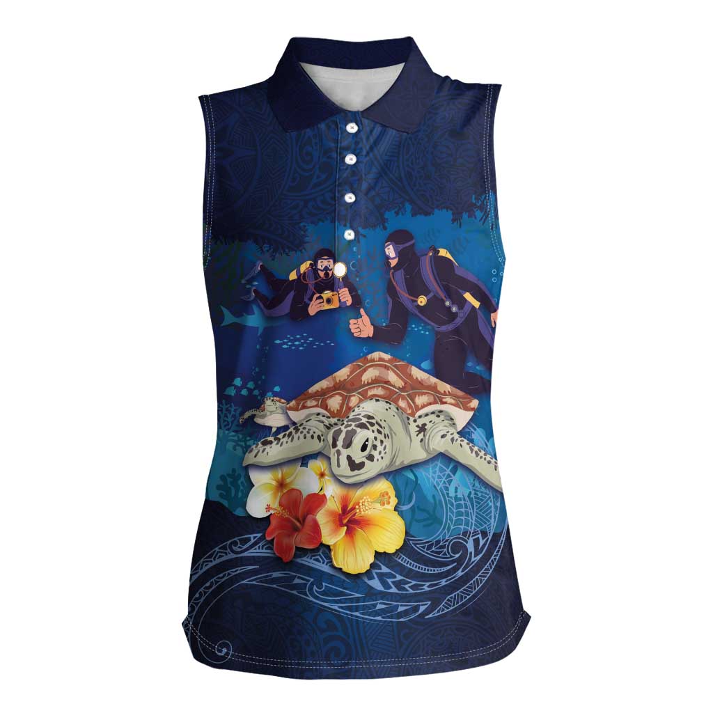 Polynesian Scuba Diving Women Sleeveless Polo Shirt Honu with Hibiscus and Plumeria Flower and Tapa Tribal Pattern