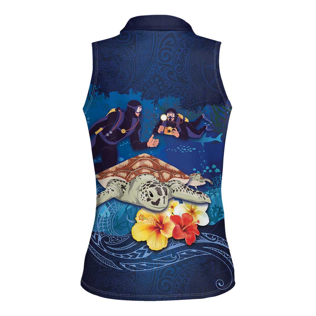 Polynesian Scuba Diving Women Sleeveless Polo Shirt Honu with Hibiscus and Plumeria Flower and Tapa Tribal Pattern