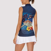Polynesian Scuba Diving Women Sleeveless Polo Shirt Honu with Hibiscus and Plumeria Flower and Tapa Tribal Pattern