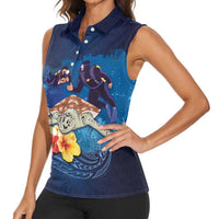 Polynesian Scuba Diving Women Sleeveless Polo Shirt Honu with Hibiscus and Plumeria Flower and Tapa Tribal Pattern