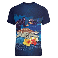 Polynesian Scuba Diving Women V-Neck T-Shirt Honu with Hibiscus and Plumeria Flower and Tapa Tribal Pattern