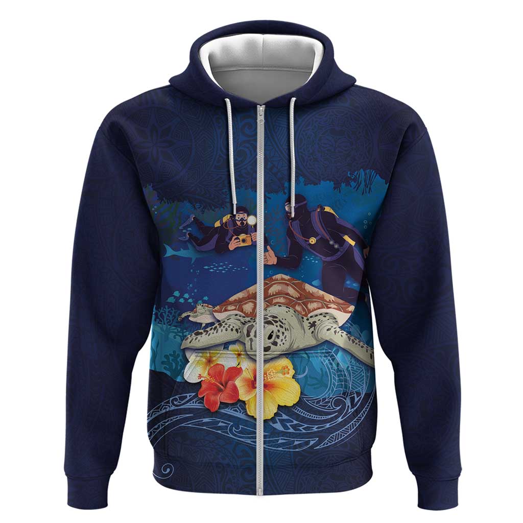 Polynesian Scuba Diving Zip Hoodie Honu with Hibiscus and Plumeria Flower and Tapa Tribal Pattern LT03 Zip Hoodie Blue - Polynesian Pride