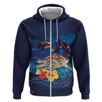 Polynesian Scuba Diving Zip Hoodie Honu with Hibiscus and Plumeria Flower and Tapa Tribal Pattern LT03 Zip Hoodie Blue - Polynesian Pride