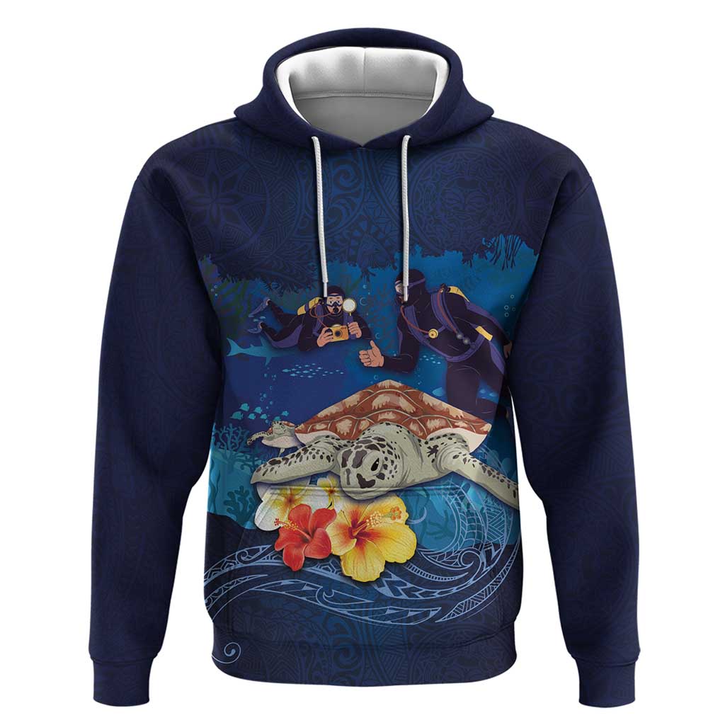 Polynesian Scuba Diving Zip Hoodie Honu with Hibiscus and Plumeria Flower and Tapa Tribal Pattern LT03 Pullover Hoodie Blue - Polynesian Pride