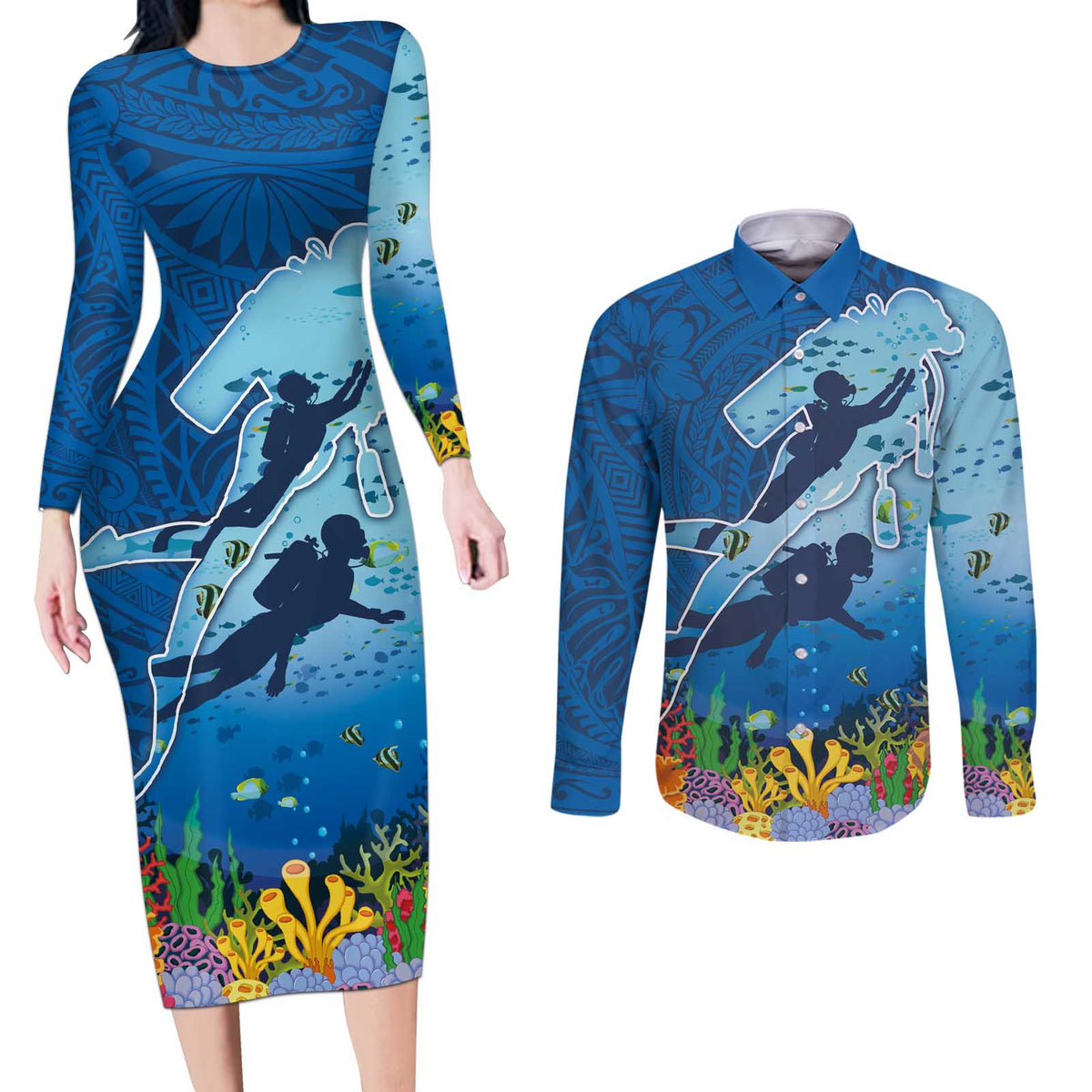 Polynesian Scuba Diving Couples Matching Long Sleeve Bodycon Dress and Long Sleeve Button Shirt Beauty Corals with Underwater and Polynesian Pattern