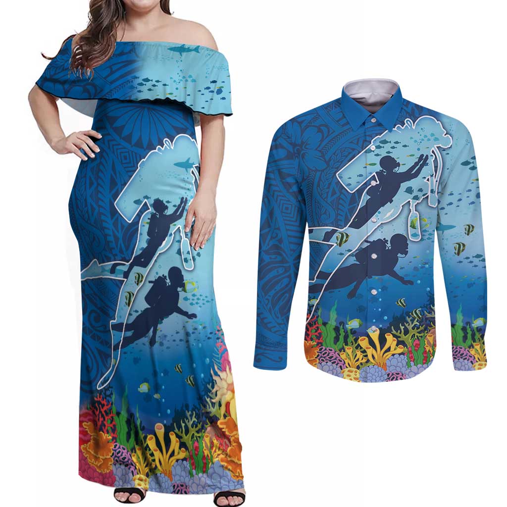 Polynesian Scuba Diving Couples Matching Off Shoulder Maxi Dress and Long Sleeve Button Shirt Beauty Corals with Underwater and Polynesian Pattern