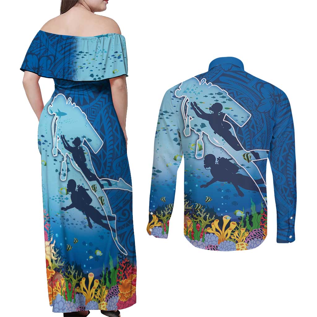 Polynesian Scuba Diving Couples Matching Off Shoulder Maxi Dress and Long Sleeve Button Shirt Beauty Corals with Underwater and Polynesian Pattern