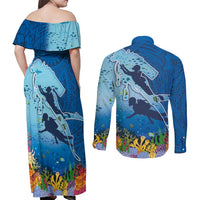 Polynesian Scuba Diving Couples Matching Off Shoulder Maxi Dress and Long Sleeve Button Shirt Beauty Corals with Underwater and Polynesian Pattern