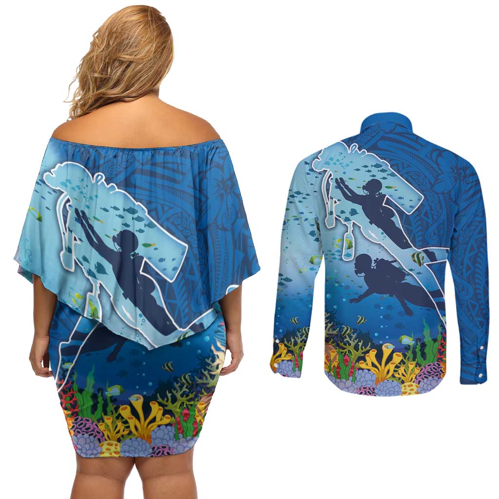 Polynesian Scuba Diving Couples Matching Off Shoulder Short Dress and Long Sleeve Button Shirt Beauty Corals with Underwater and Polynesian Pattern