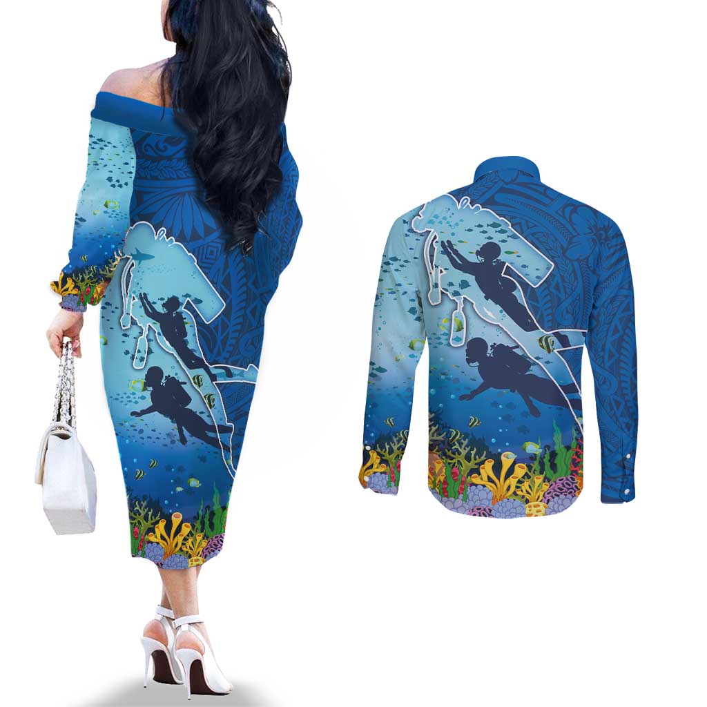 Polynesian Scuba Diving Couples Matching Off The Shoulder Long Sleeve Dress and Long Sleeve Button Shirt Beauty Corals with Underwater and Polynesian Pattern