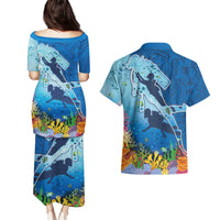 Polynesian Scuba Diving Couples Matching Puletasi and Hawaiian Shirt Beauty Corals with Underwater and Polynesian Pattern