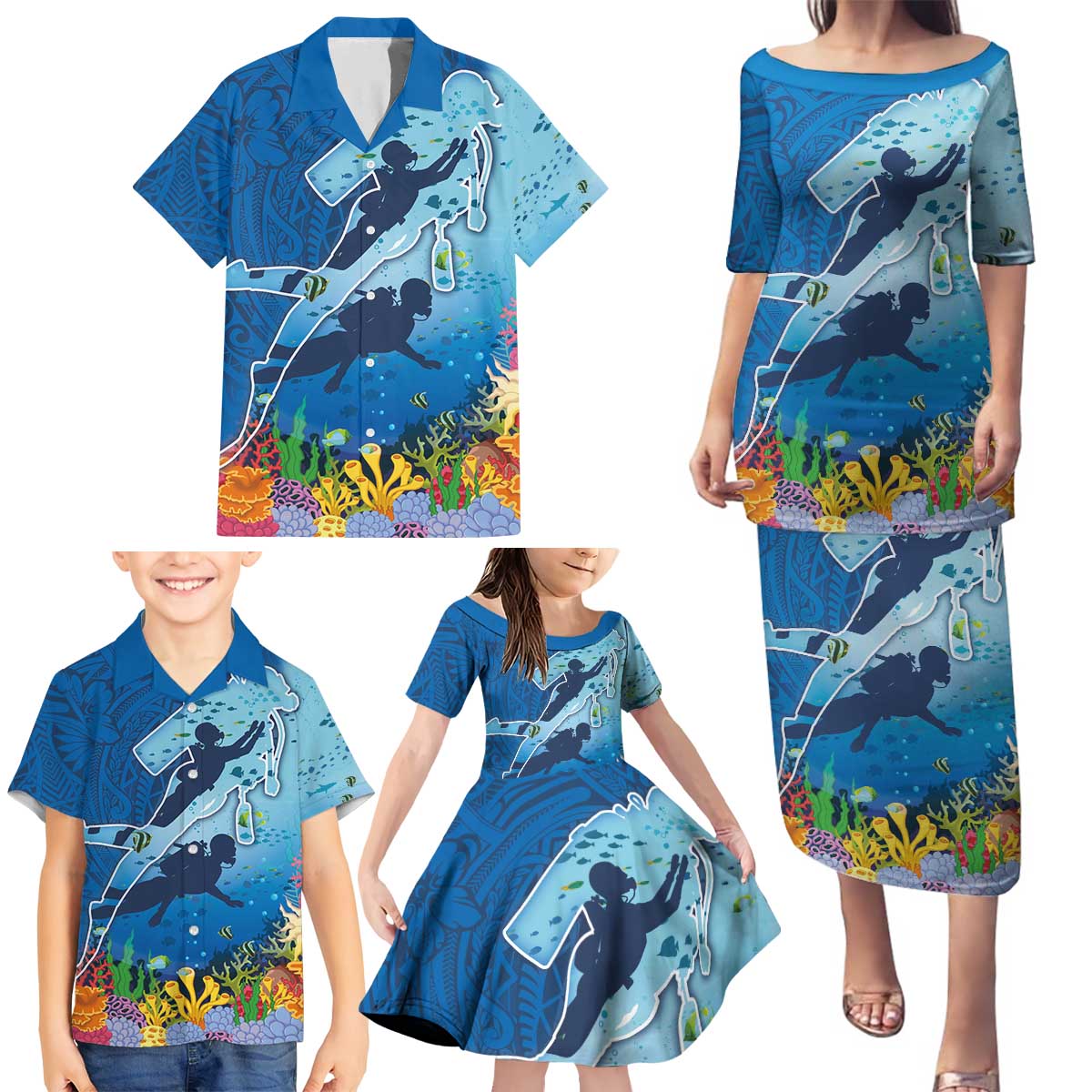 Polynesian Scuba Diving Family Matching Puletasi and Hawaiian Shirt Beauty Corals with Underwater and Polynesian Pattern