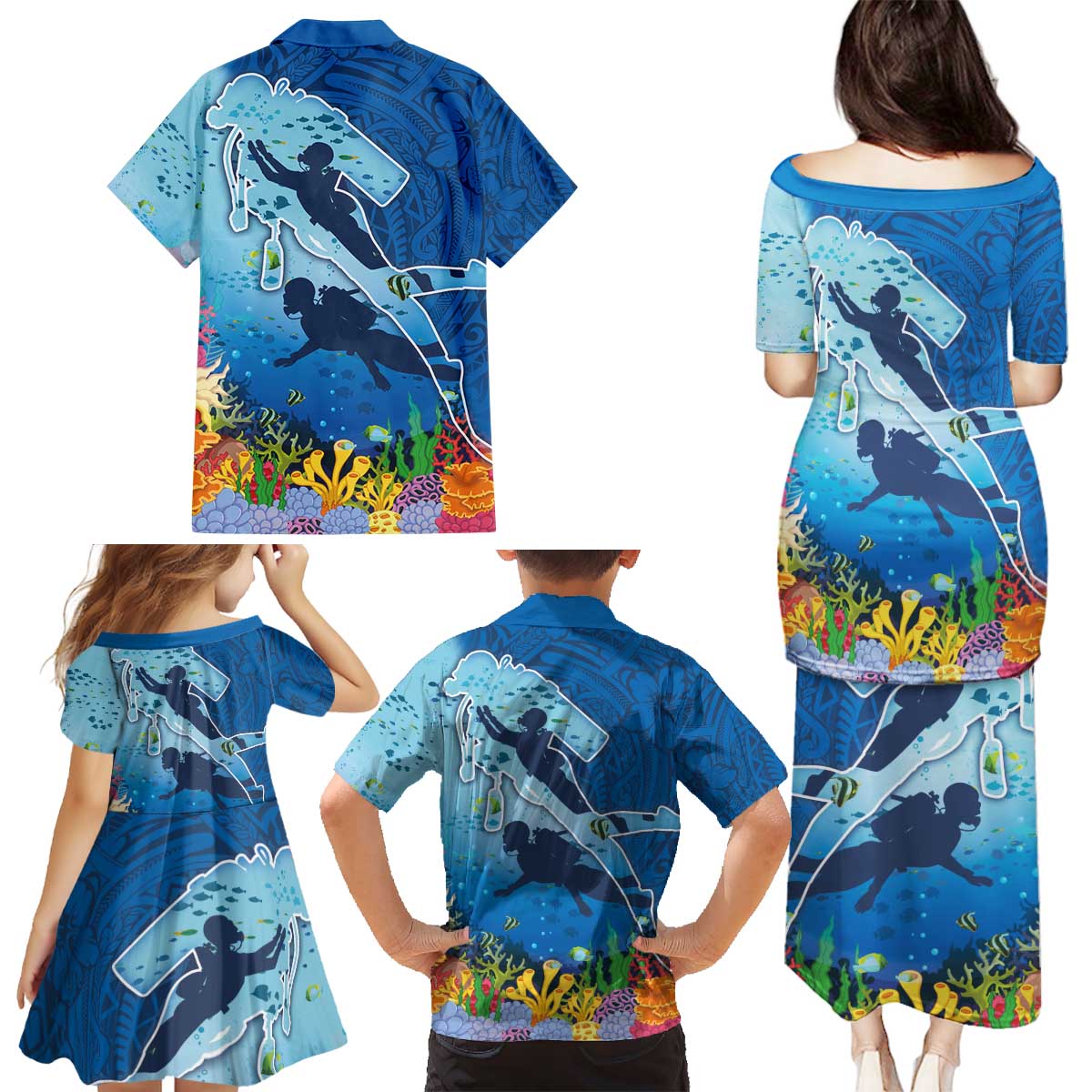 Polynesian Scuba Diving Family Matching Puletasi and Hawaiian Shirt Beauty Corals with Underwater and Polynesian Pattern