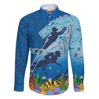 Polynesian Scuba Diving Family Matching Short Sleeve Bodycon Dress and Hawaiian Shirt Beauty Corals with Underwater and Polynesian Pattern LT03 Dad's Shirt - Long Sleeve Blue - Polynesian Pride