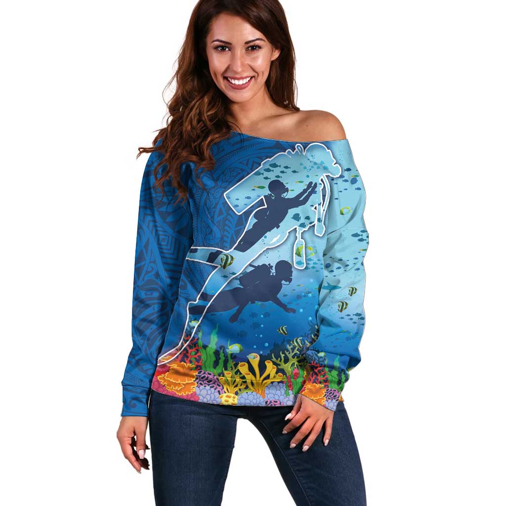 Polynesian Scuba Diving Off Shoulder Sweater Beauty Corals with Underwater and Polynesian Pattern LT03 Women Blue - Polynesian Pride