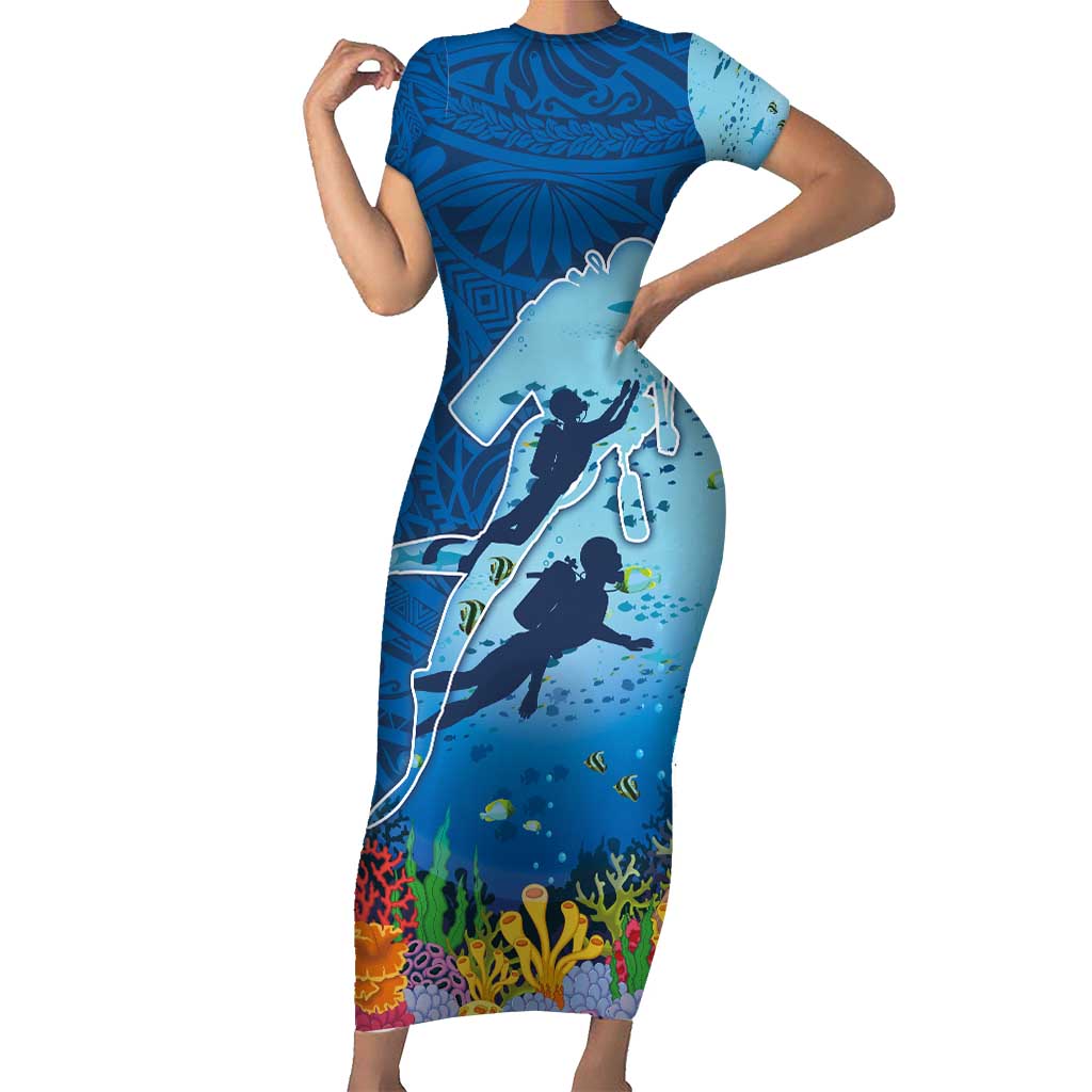 Polynesian Scuba Diving Short Sleeve Bodycon Dress Beauty Corals with Underwater and Polynesian Pattern LT03 Long Dress Blue - Polynesian Pride