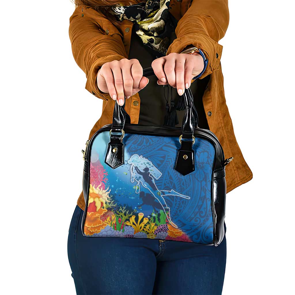 Polynesian Scuba Diving Shoulder Handbag Beauty Corals with Underwater and Polynesian Pattern LT03 One Size Blue - Polynesian Pride