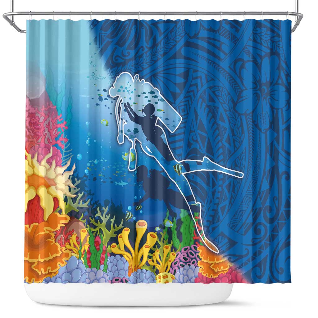 Polynesian Scuba Diving Shower Curtain Beauty Corals with Underwater and Polynesian Pattern LT03 Blue - Polynesian Pride