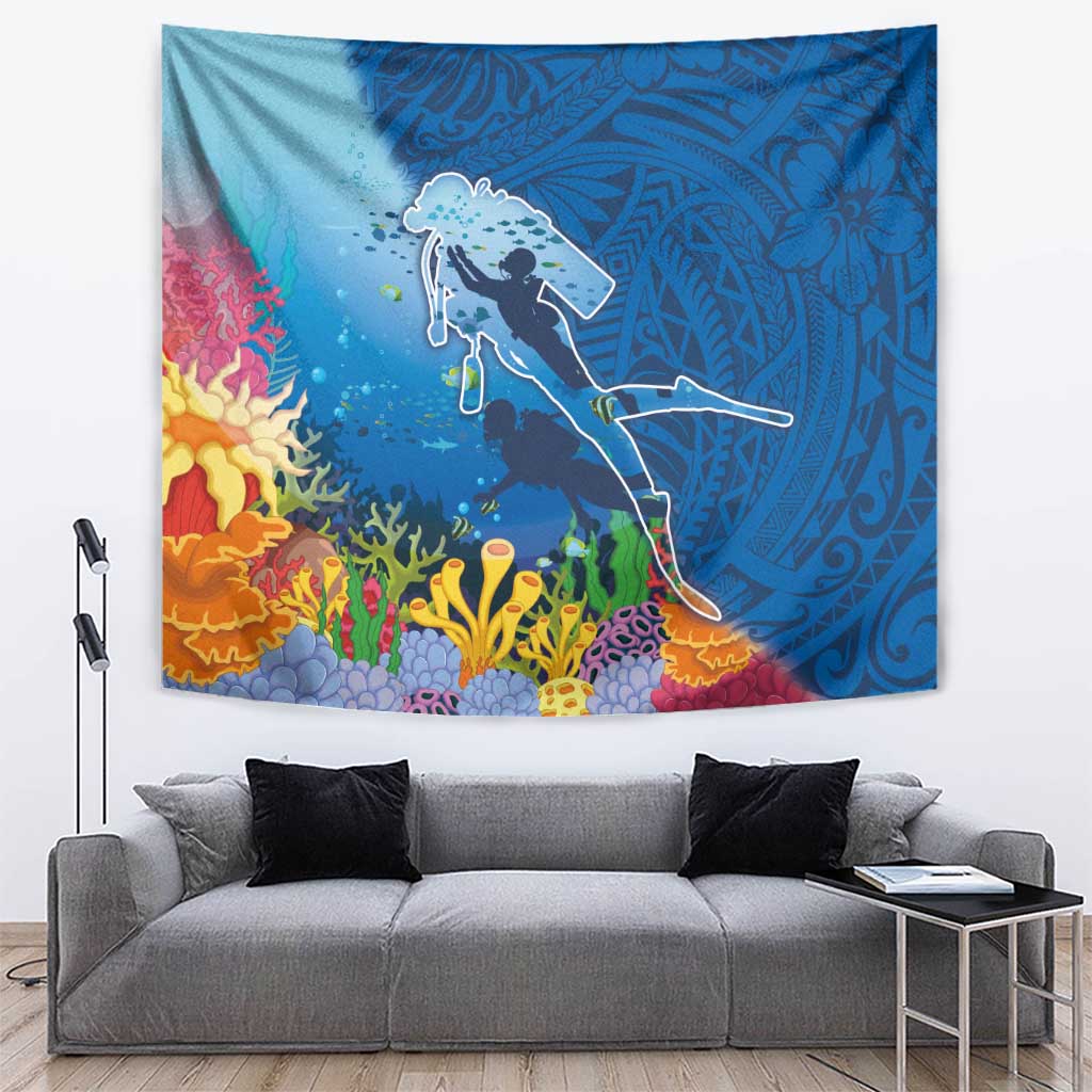 Polynesian Scuba Diving Tapestry Beauty Corals with Underwater and Polynesian Pattern LT03 Blue - Polynesian Pride