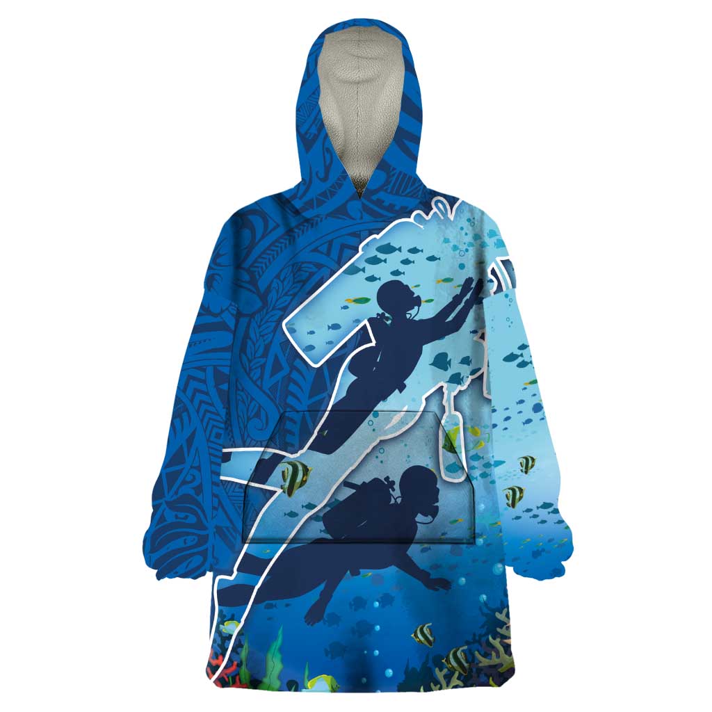 Polynesian Scuba Diving Wearable Blanket Hoodie Beauty Corals with Underwater and Polynesian Pattern LT03 One Size Blue - Polynesian Pride