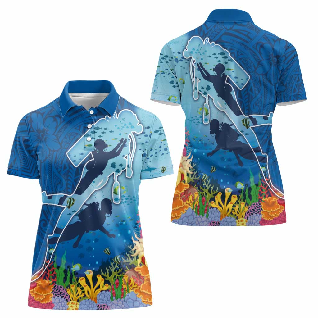 Polynesian Scuba Diving Women Polo Shirt Beauty Corals with Underwater and Polynesian Pattern