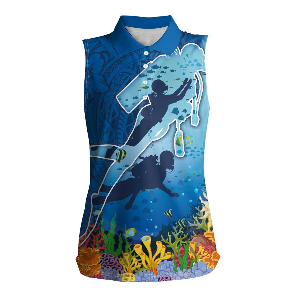 Polynesian Scuba Diving Women Sleeveless Polo Shirt Beauty Corals with Underwater and Polynesian Pattern