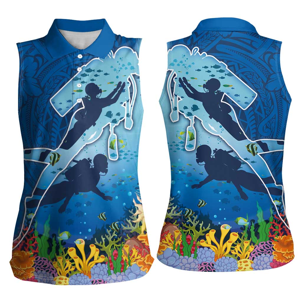Polynesian Scuba Diving Women Sleeveless Polo Shirt Beauty Corals with Underwater and Polynesian Pattern